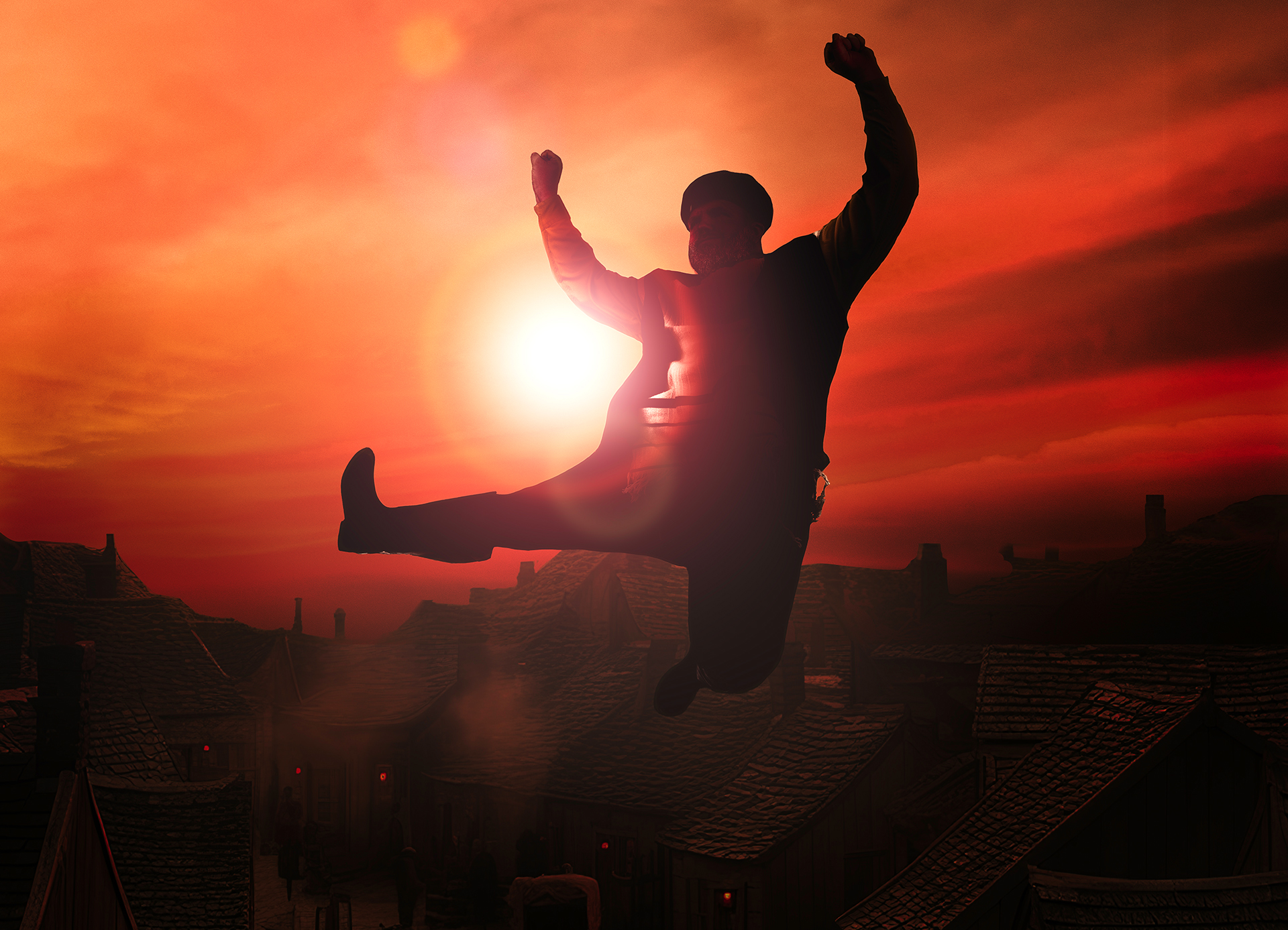 A man in shadow leaps for joy in a small Russian village at sunset.