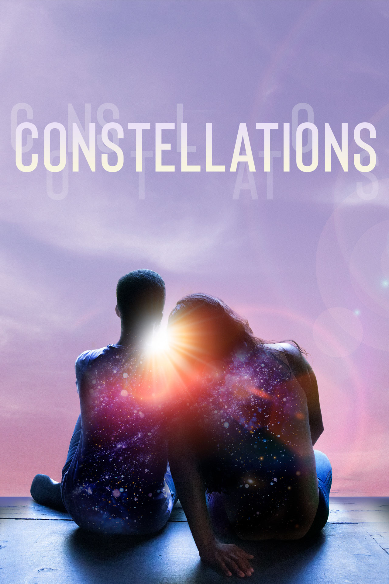 A seated couple leans together, a constellation on their backs, the sun shining through between them
