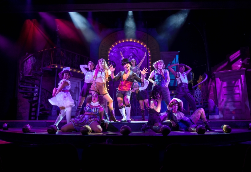 The cast of Cabaret performing "Willkommen" on The Phoenix Theatre Company's mainstage theatre stage in Cabaret