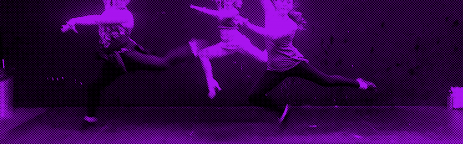 Three dancers leaping in sync beneath a heavy purple photo filter