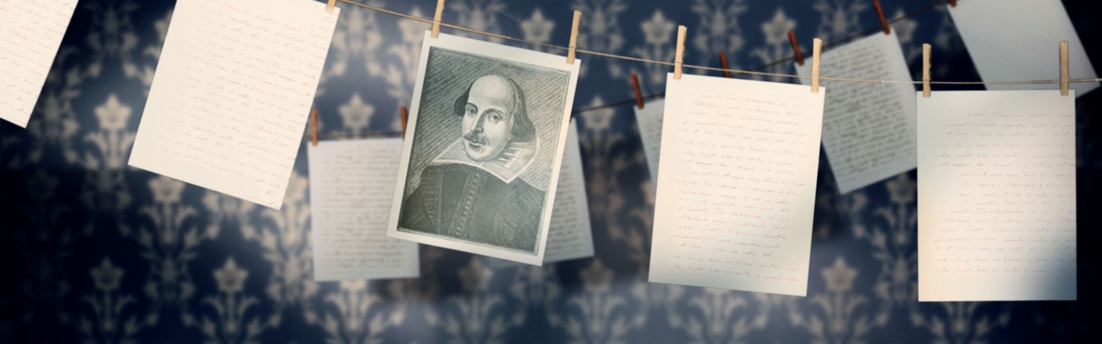Papers on a clothes line with a print of Shakespeare