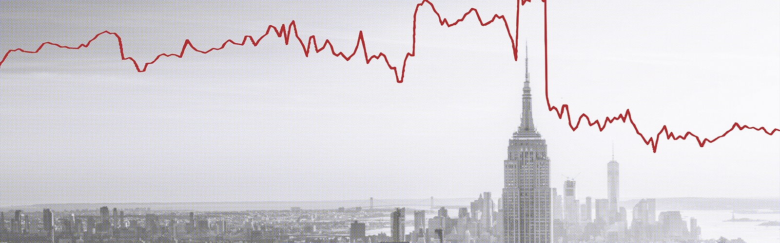 The Dow Jones Industrial Average stock line in red makes the skyline of New York City over the city skyline