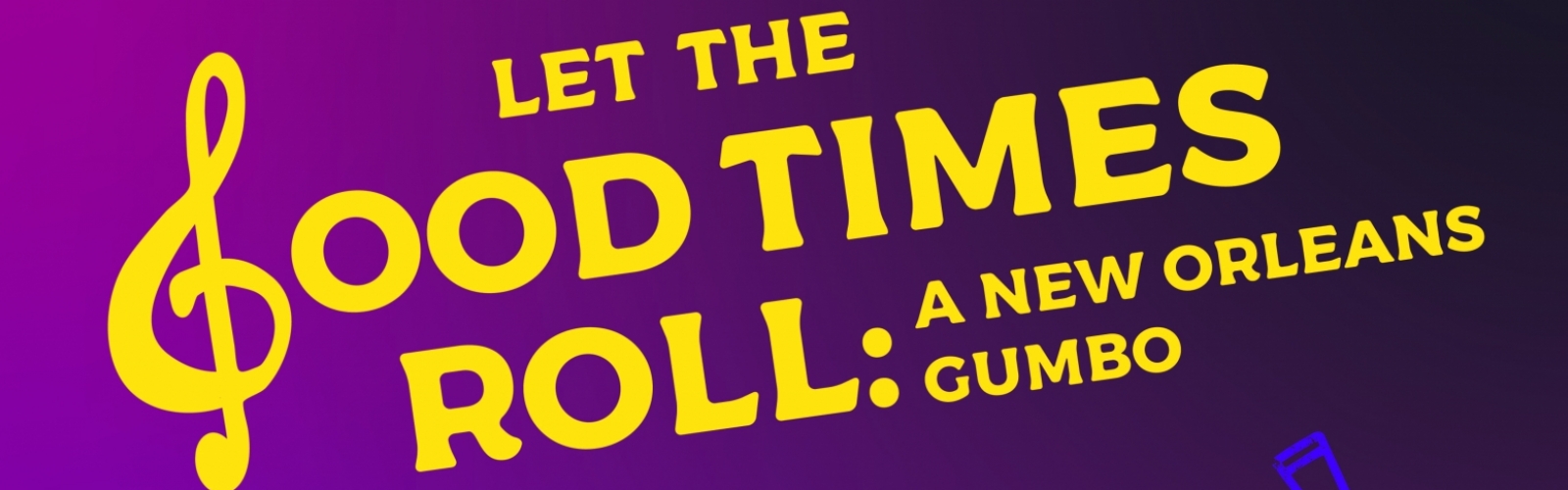 Let the Good Times Roll is in gold font at the top with a monochromatic figures around a piano keyboard on a blue background.