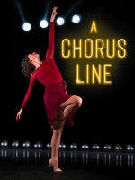A dancer performs next to the A Chorus Line logo.