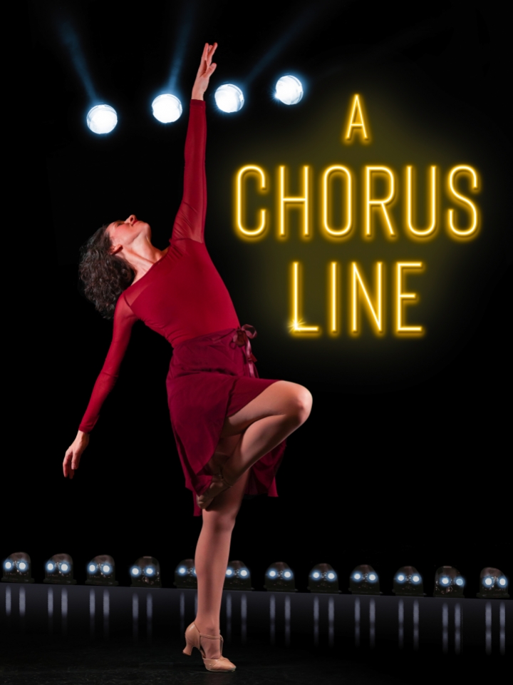 A dancer performs next to the A Chorus Line logo.