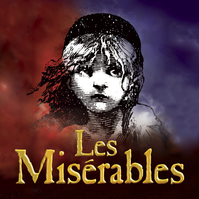 Gold text reading Les Misérables. Behind it, screen printed portrait of a young girl against a red, white, and blue foggy background.