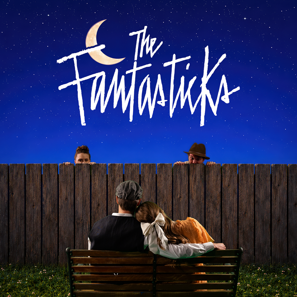 Promotional artwork for “The Fantasticks” at The Phoenix Theatre Company, running August 11–29, 2027. A man and woman peek over a fence while watching a younger couple sitting together on a bench. The title appears in bold, angular lettering against the starry sky above.