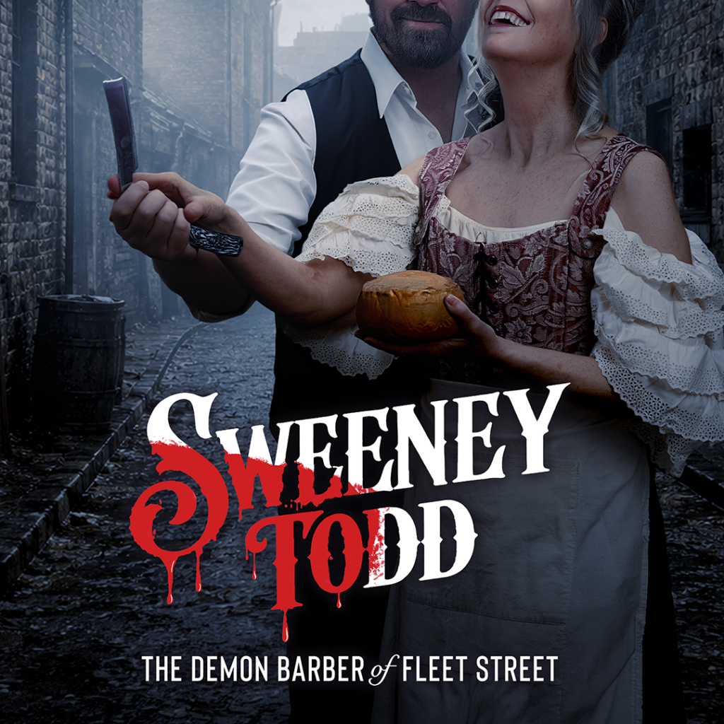 Promotional artwork for “Sweeney Todd: The Demon Barber of Fleet Street” at The Phoenix Theatre Company, running March 17–April 18, 2027. A man and woman stand together in a foggy Victorian London alley, laughing while holding a straight razor and a meat pie. The title appears below, with several letters styled to resemble dripping blood.