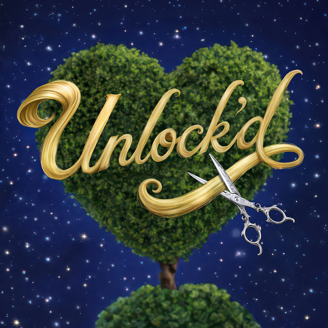 Home 11 Promotional artwork for “Unlock’d” at The Phoenix Theatre Company, running January 28–February 21, 2027. A heart-shaped hedge sits beneath a starry sky. A long lock of blonde hair spells “Unlock’d” in cursive while a pair of scissors approaches the end of the hair.