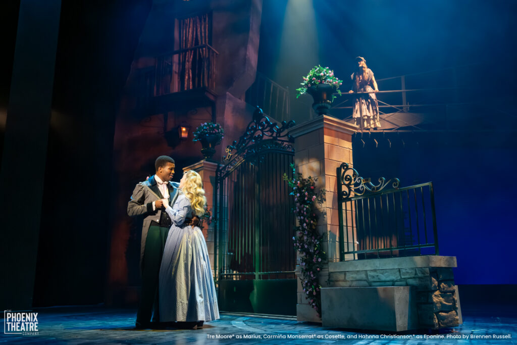 Tre Moore as Marius Carmina Monserrat as Cosette and Hahnna Christianson as Eponine. Photo by Brennen Russell. 1
