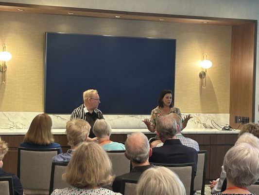 Photo 1: Michael Barnard interviews Director/Choreographer Sara Edwards (Let the Good Times Roll) for the Artistic Director Series during 2026 Broadway Bound